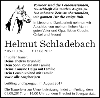 Traueranzeige von Helmut Schladebach von Mitteldeutsche Zeitung Weißenfels