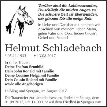 Traueranzeige von Helmut Schladebach von Super Sonntag Merseburg