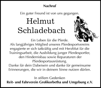 Traueranzeige von Helmut Schladebach von Mitteldeutsche Zeitung Weißenfels