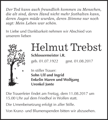 Traueranzeige von Helmut Trebst von WVG - Wochenspiegel Bitterfeld