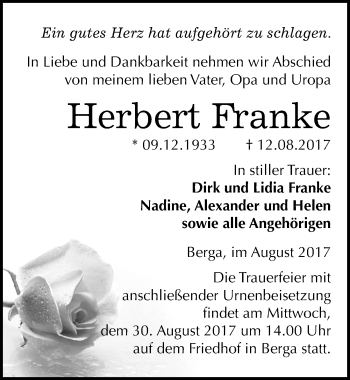Traueranzeige von Herbert Franke von Mitteldeutsche Zeitung Sangerhausen