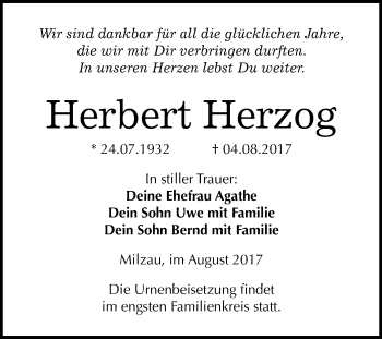 Traueranzeige von Herbert Herzog von WVG - Wochenspiegel Merseburg