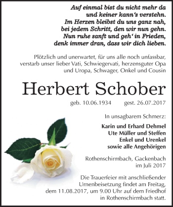 Traueranzeige von Herbert Schober von Mitteldeutsche Zeitung Mansfelder Land
