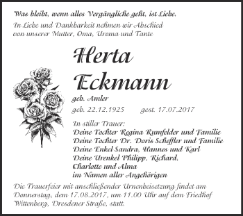 Traueranzeige von Herta Eckmann von WVG - Wochenspiegel Wittenberg