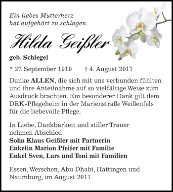 Traueranzeige von Hilda Geißler von WVG - Wochenspiegel NMB / WSF / ZTZ