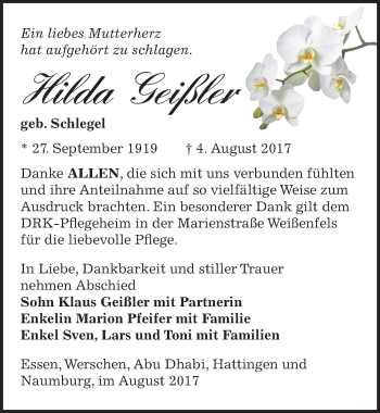 Traueranzeige von Hilda Geißler von Mitteldeutsche Zeitung Weißenfels