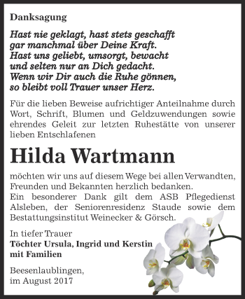 Traueranzeige von Hilda Wartmann von Super Sonntag Bernburg