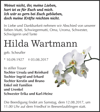 Traueranzeige von Hilda Wartmann von Super Sonntag Bernburg