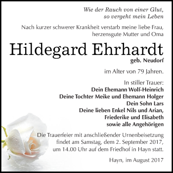 Traueranzeige von Hildegard Ehrhardt von Super Sonntag SGH Mansf. Land
