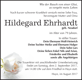 Traueranzeige von Hildegard Ehrhardt von Mitteldeutsche Zeitung Sangerhausen