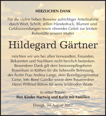 Traueranzeige von Hildegard Gärtner von Mitteldeutsche Zeitung Köthen