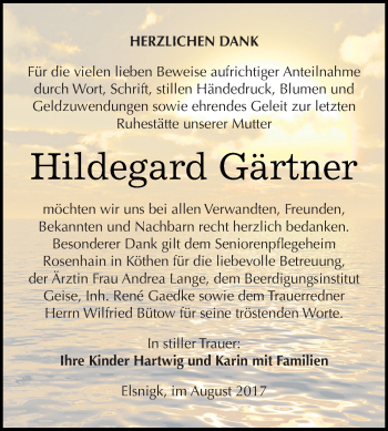 Traueranzeige von Hildegard Gärtner von WVG - Wochenspiegel Dessau / Köthen