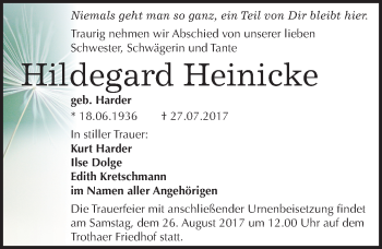 Traueranzeige von Hildegard Heinicke von Mitteldeutsche Zeitung Halle/Saalkreis