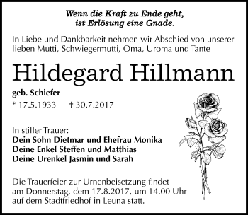 Traueranzeige von Hildegard Hillmann von Mitteldeutsche Zeitung Merseburg/Querfurt