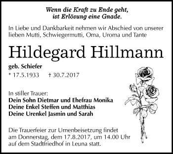 Traueranzeige von Hildegard Hillmann von WVG - Wochenspiegel Merseburg