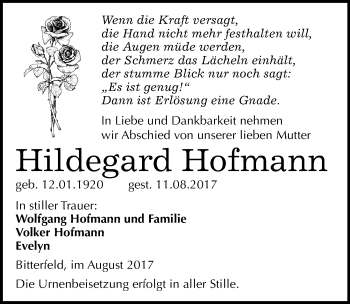 Traueranzeige von Hildegard Hofmann von Mitteldeutsche Zeitung Bitterfeld