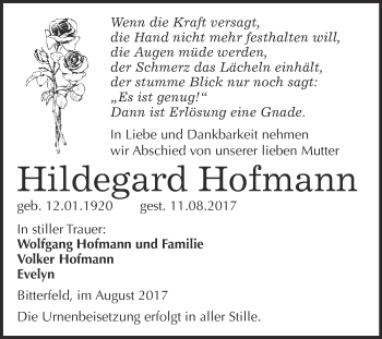 Traueranzeige von Hildegard Hofmann von WVG - Wochenspiegel Bitterfeld