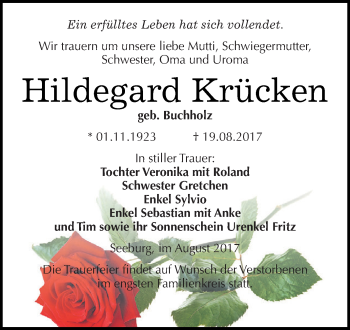 Traueranzeige von Hildegard Krücken von Wochenspiegel Mansfelder Land