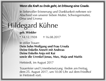 Traueranzeige von Hildegard Kühne von Mitteldeutsche Zeitung Mansfelder Land