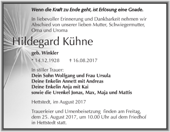 Traueranzeige von Hildegard Kühne von Wochenspiegel Mansfelder Land