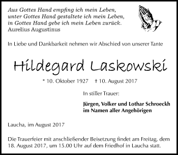 Traueranzeige von Hildegard Laskowski von Mitteldeutsche Zeitung Naumburg/Nebra
