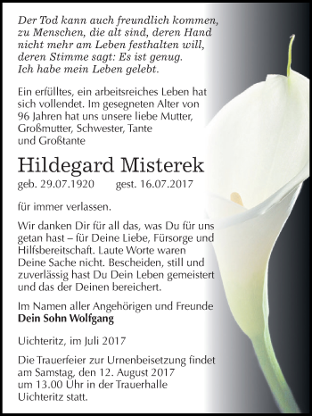 Traueranzeige von Hildegard Misterek von WVG - Wochenspiegel NMB / WSF / ZTZ