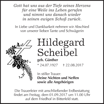 Traueranzeige von Hildegard Scheibel von WVG - Wochenspiegel Bitterfeld