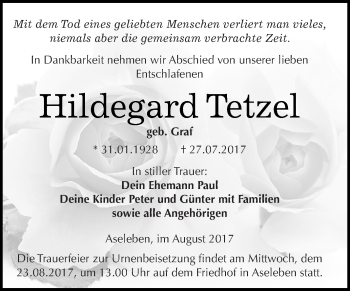Traueranzeige von Hildegard Tetzel von Wochenspiegel Mansfelder Land