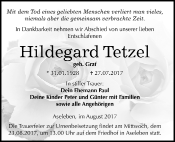 Traueranzeige von Hildegard Tetzel von Mitteldeutsche Zeitung Mansfelder Land