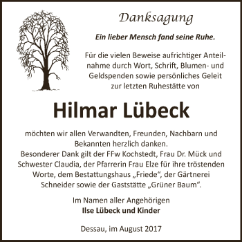 Traueranzeige von Hilmar Lübeck von WVG - Wochenspiegel Dessau / Köthen