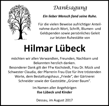 Traueranzeige von Hilmar Lübeck von Mitteldeutsche Zeitung Dessau-Roßlau
