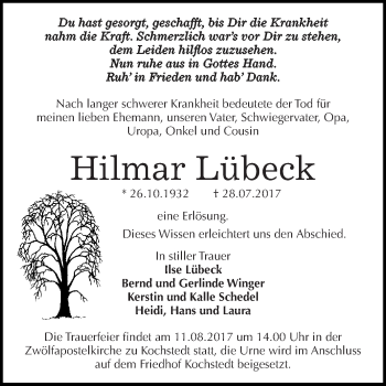 Traueranzeige von Hilmar Lübeck von WVG - Wochenspiegel Dessau / Köthen