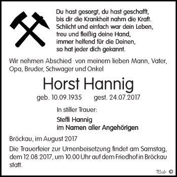 Traueranzeige von Horst Hannig von Super Sonntag Zeitz