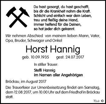 Traueranzeige von Horst Hannig von Mitteldeutsche Zeitung Zeitz