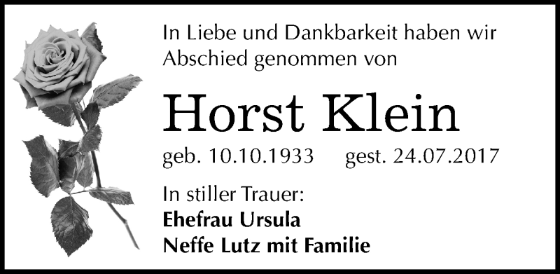 Traueranzeige für Horst Klein vom 26.08.2017 aus Mitteldeutsche Zeitung Halle/Saalkreis