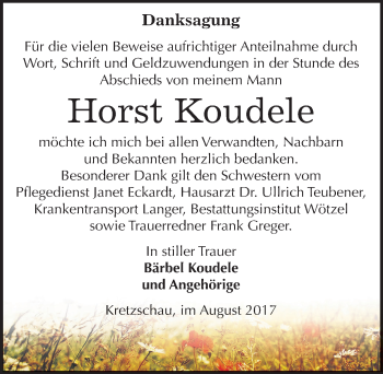Traueranzeige von Horst Koudele von Mitteldeutsche Zeitung Zeitz