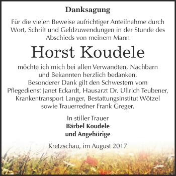 Traueranzeige von Horst Koudele von Super Sonntag Zeitz