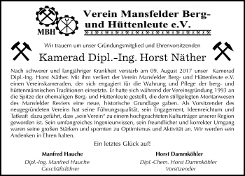 Traueranzeige von Horst Näther von Mitteldeutsche Zeitung Mansfelder Land