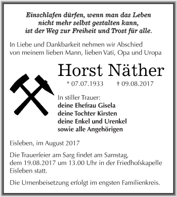 Traueranzeige von Horst Näther von Wochenspiegel Mansfelder Land