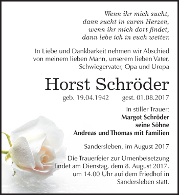 Traueranzeige von Horst Schröder von Mitteldeutsche Zeitung Mansfelder Land