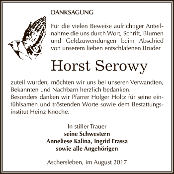 Traueranzeige von Horst Serowy von Super Sonntag Aschersleben