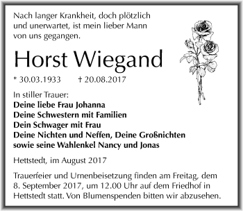 Traueranzeige von Horst Wiegand von Mitteldeutsche Zeitung Mansfelder Land