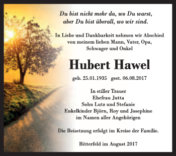 Traueranzeige von Hubert Hawel von WVG - Wochenspiegel Bitterfeld