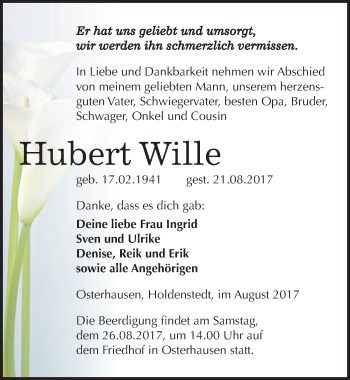 Traueranzeige von Hubert Wille von Mitteldeutsche Zeitung Mansfelder Land