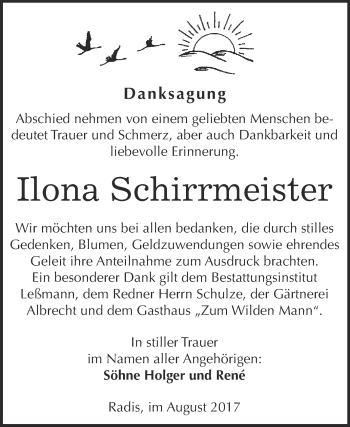 Traueranzeige von Ilona Schirrmeister von WVG - Wochenspiegel Wittenberg
