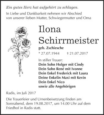 Traueranzeige von Ilona Schirrmeister von WVG - Wochenspiegel Wittenberg