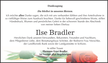 Traueranzeige von Ilse Bradler von WVG - Wochenspiegel Bitterfeld