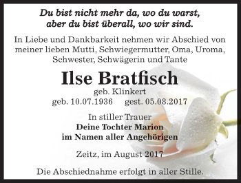 Traueranzeige von Ilse Bratfisch von Mitteldeutsche Zeitung Zeitz