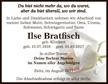 Traueranzeige von Ilse Bratfisch von Super Sonntag Zeitz