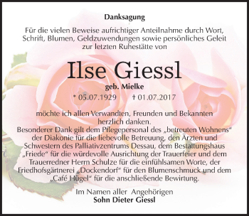 Traueranzeige von Ilse Giessl von Mitteldeutsche Zeitung Dessau-Roßlau